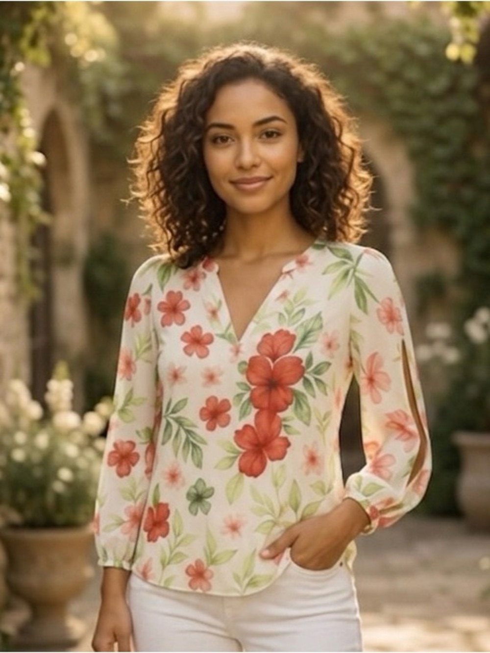 Foxcroft NY gorgeous floral blouse. Great detailing. Slit sleeves. size M.